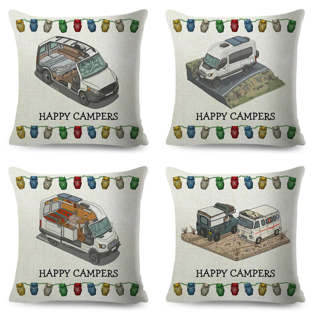 Happy Camper Van Life Pillow Case Decor Cartoon House Travel Car Cushion Cover for Sofa Home Children Room 45x45cm Pillowcase