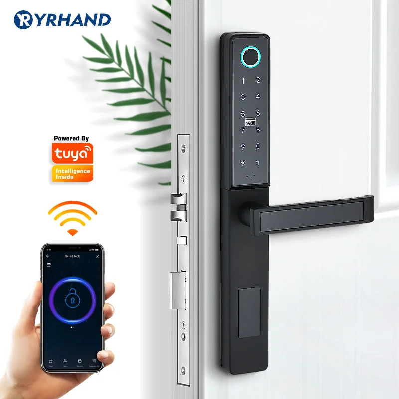 Tuya WiFi App Smart Door Lock  Aluminum Biometric lock fingerprint door handle Digital Keyless lock for Glass Sliding or Wooden