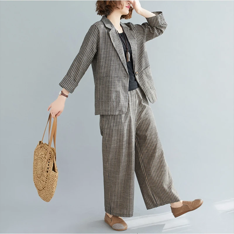 Spring summer new style literary leisure cotton linen striped one-button small suit wide-leg pants temperament fashion set women