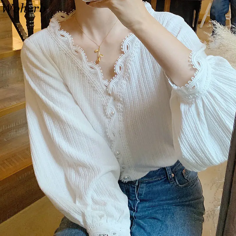 Woherb Lace Ruffle Patchwork Women Loose Blouse Korean Casual All Match Shirt 2024 Elegant V-neck Blusa Mujer Camisas 