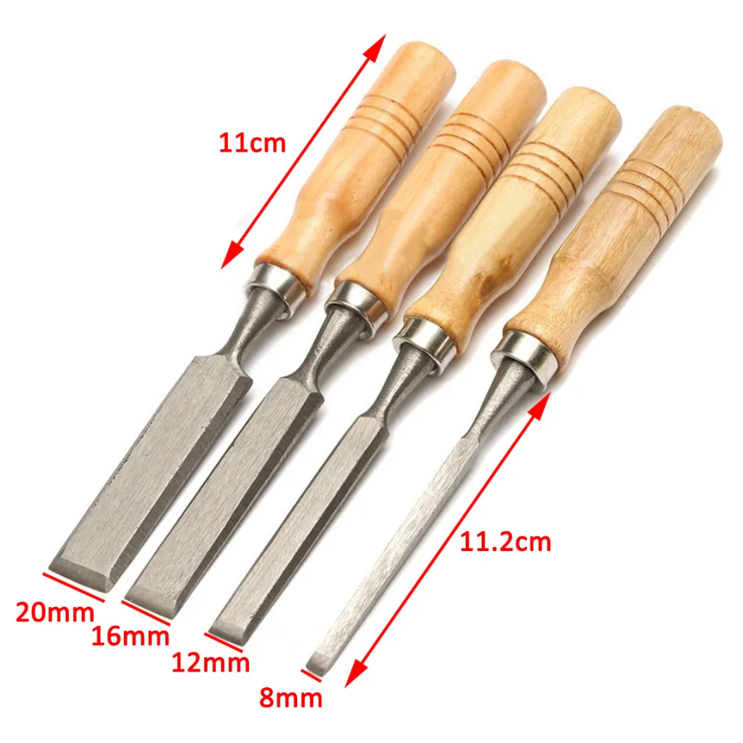 4Pcs/Set Wood Carving Chisel 8/12/16/20mm Woodworking Carving Hand Chisels DIY Tool Kit Steel Blade with Wooden Handle