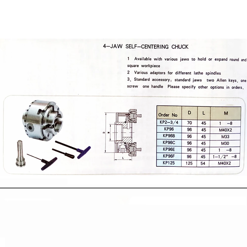Mandrino autocentrante a 4 griffe KP96 per tornio per legno Mandrino per lavorazione del legno ad alta precisione Filettatura da 4 pollici 100MM M33 * 3,5 Bloccaggio 8-60MM