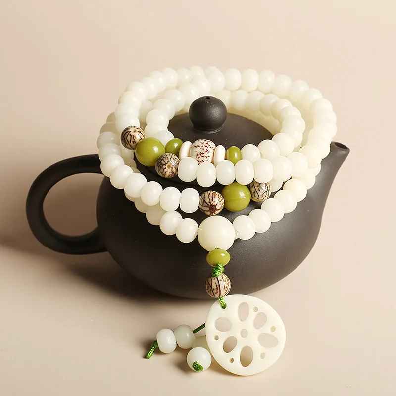 108*8mm Original Design Natural White Bodhi Root Beads Bracelet Lotus Bract for Women Meditation Balancing Jewelry Gift