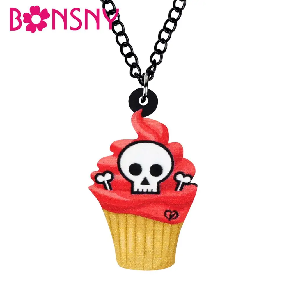 Bonsny Acrylic Halloween Sweet Cartoon Skull Cupcake Chain Necklace Pendant Collar Choker Jewelry For Women Friends Gift Charms