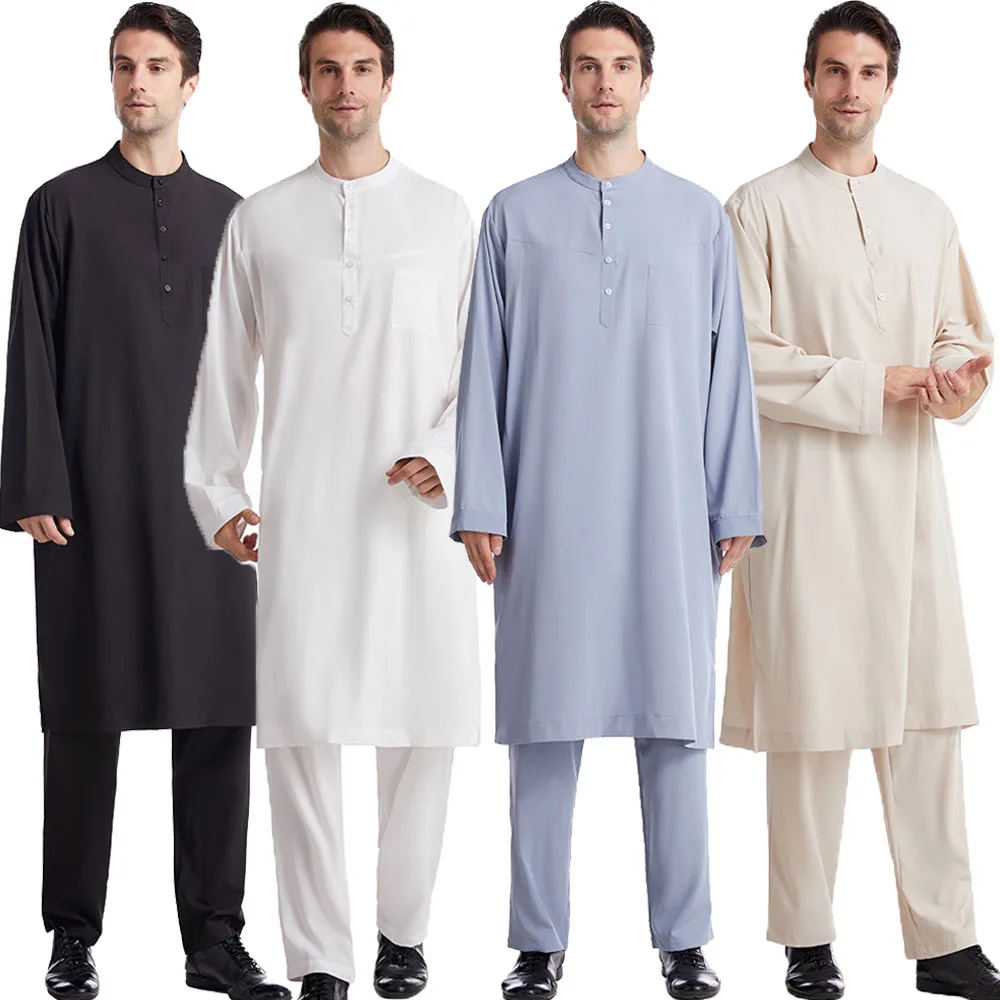 

Muslim Men Jubba Thobe Arabic Islamic Long Dress Saudi Arab Robe Abaya Dubai Kaftan Long Shirts Pants 2PCS Suits Middle East