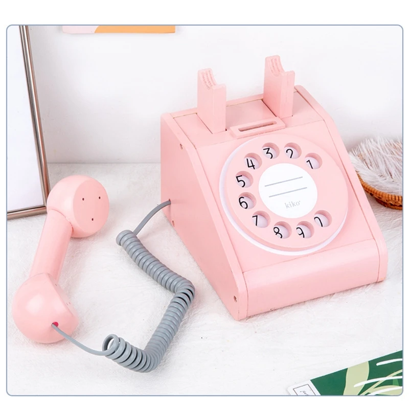 Rotary Design Retro Imitation Landline Phone, Children's Play House Wooden Antique Dial Telephone for early Education Drop Ship