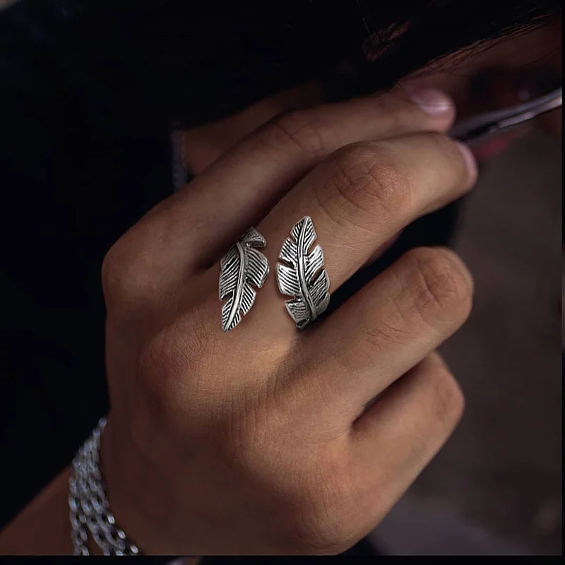Bague hommes ange plume acier inoxydable Vintage plumes envelopper Punk vélo mode bijoux