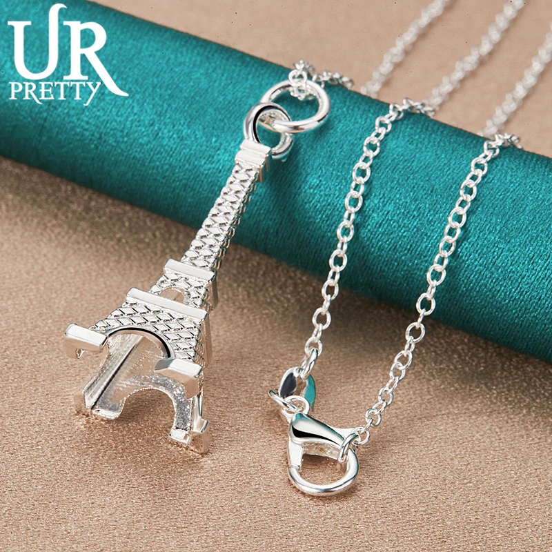 UR PRETTY 925 Sterling Silver The Eiffel Tower Necklace 16/18/20/22/24/26/28/30 Inch Chain For Women Engagement Wedding Jewelry