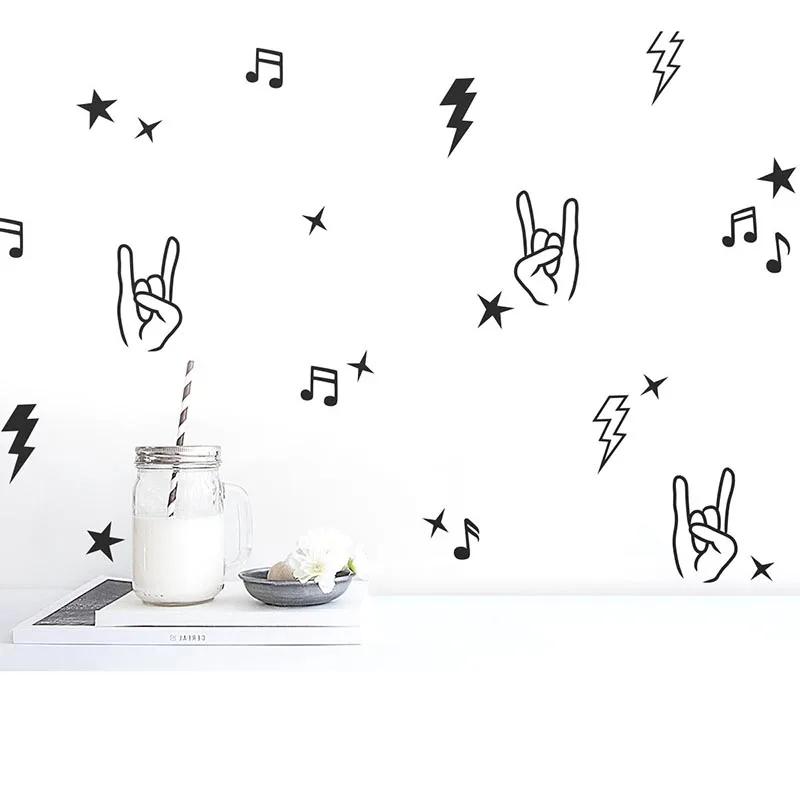 DJ Rock Roll Bolt Wall Sticker Bedroom Playroom Music Hand Star Rock On Roll Wall Decal Kids Room Classroom Vinyl Home Decor