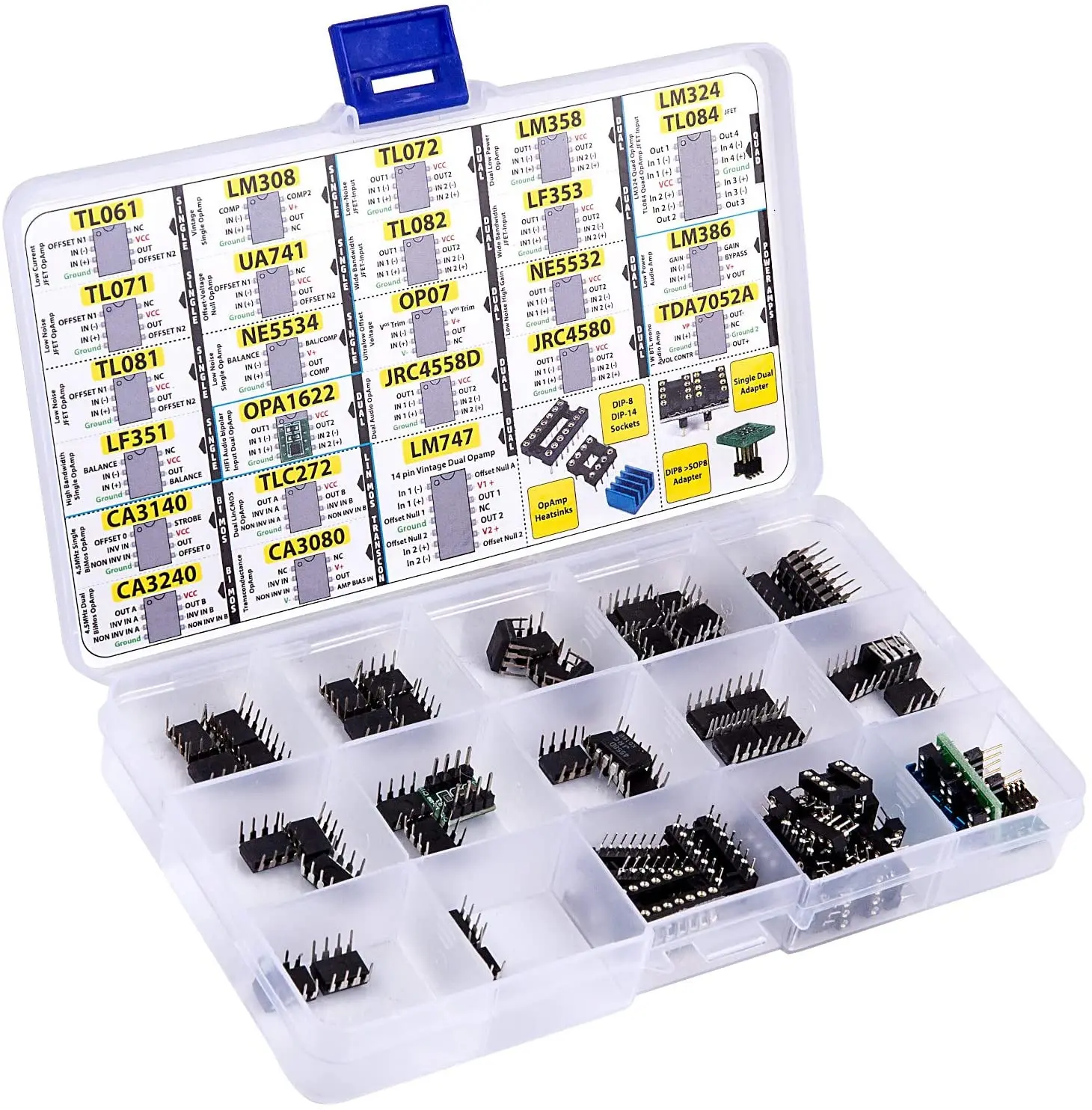 OpAmp Assortment 70 pcs incl. Sockets, TL061 TL071 TL081 UA71 LM308 LF351 LF353 NE5534 TL084 OPA1622 LM324 TL072 TL082 LM358