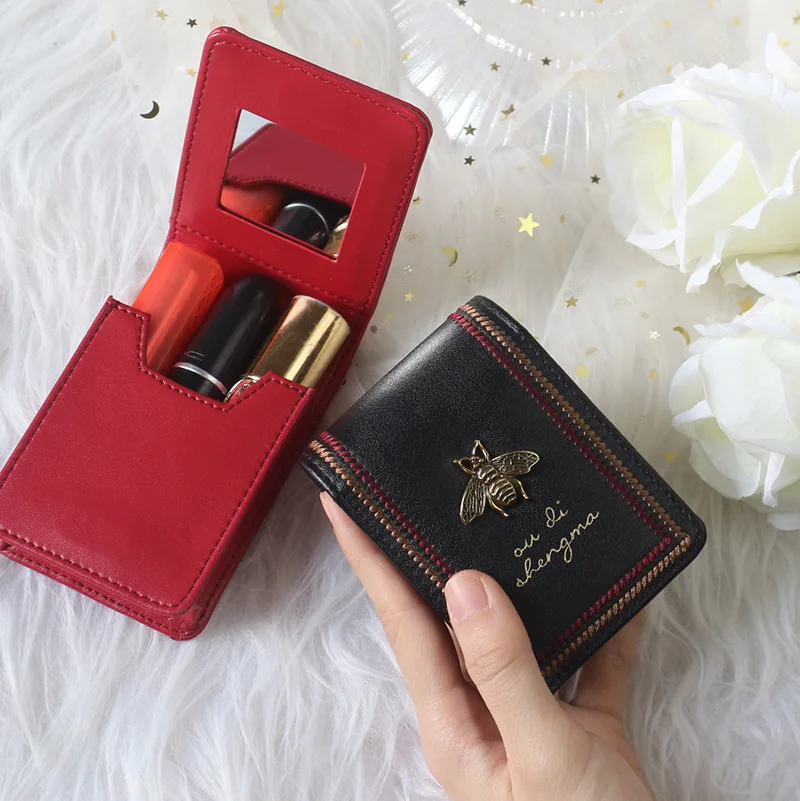 New Women Lipstick Wallets Fashion Brand Portable Makeup Bag with Mirror Lipstic Case Embroidery Woman Leather Storage Box Purse