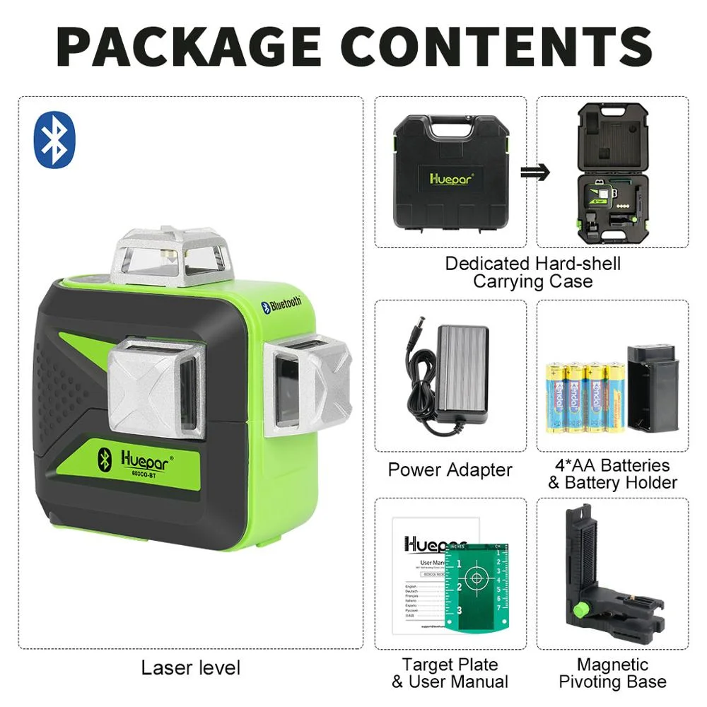 Huepar 3x360 ° linee incrociate connettività Bluetooth 3D raggio verde livello Laser autolivellante con batteria agli ioni di litio e custodia rigida