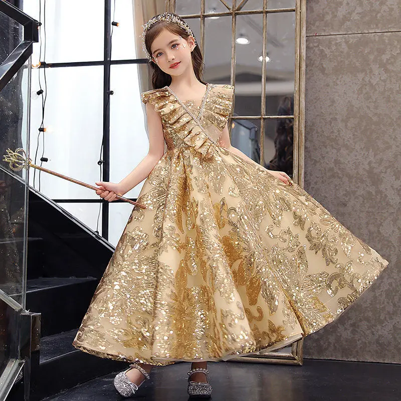 Girls First Communion Dress Children Pageant Ball Gown Girl Elegant Wedding Sequins Dresses for Kids Piano Performance Vestidos