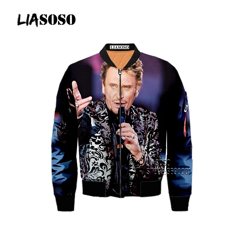 LIASOSO France Singer Johnny Hallyday 3D Print Men\'s Winter Thick Hip Pop Bomber Jacket Coat Punk Style Plus Size Flight Jacket