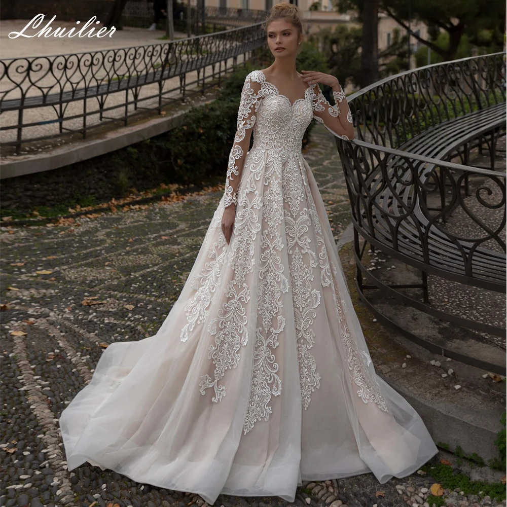 Lhuilier-vestido de novia de manga larga, prenda con Apliques de encaje, línea A, cuello transparente, cuentas de lujo, longitud hasta el suelo, cola de barrido