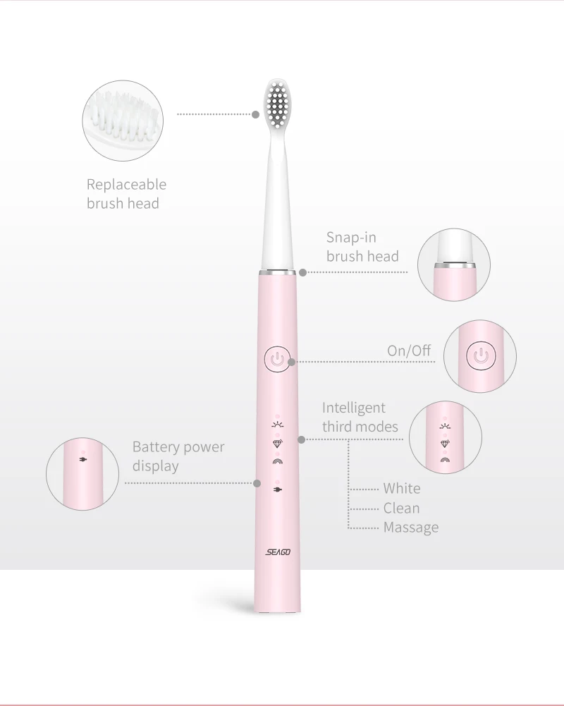 2020 NEW USB Rechargeable Electric Toothbrush Sonic Tooth Brush for Female and Girl with 8 soft Brush head