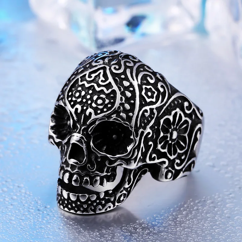 Steel soldier New Vintage Garden Flower Skull ring Black TITANIUM Mens Rings Fashion Jewelry Wholesale Price