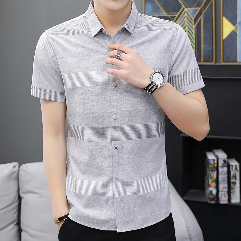 Men's Cotton High Quality Linen Casual Stripe Slim Short Sleeve Shirt Business Pointed Collar Cardigan Fashion All-match Loose