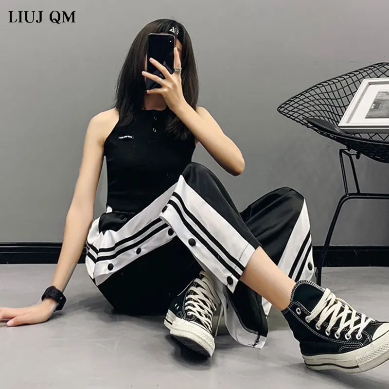 2024 Autumn Women Joggers Sweatpants Casual Wide Leg Pants Women Stripe Hip Hop Sweat Pants Streetwear Women Button Trousers