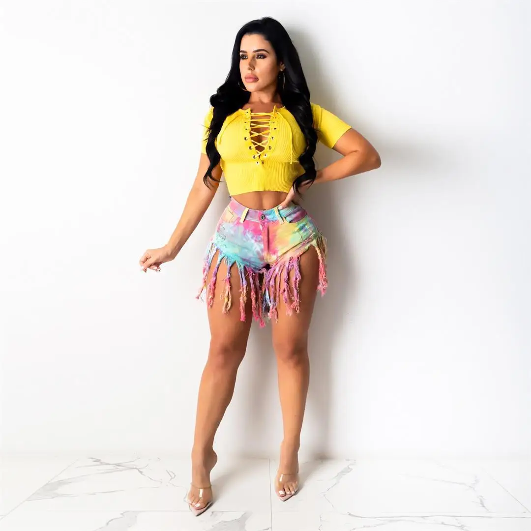 2026 Summer New Fashion Tie Dye Long tassel Denim Shorts For Women High Elasticity Skinny Jeans Shorts Street Trendy Clothing