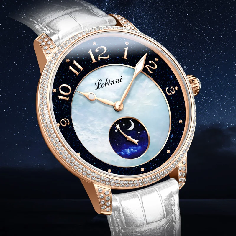 LOBINNI 2021 NEW Ladies Luxury Watches Seagull Movement Automatic Mechanical Watchs Mother-of-Pearl Dial Ladies Wristwatch
