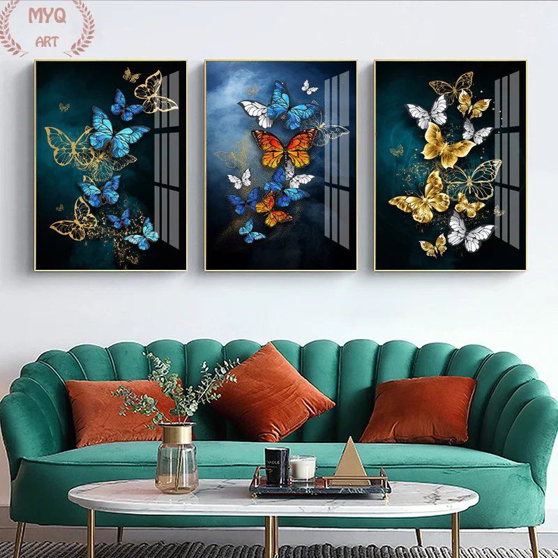 

Modern Minimalist Poster Blue Gold Butterfly Picture on Canvas Wall Canvas Painting Mural Decoration for Living Room Home Decor