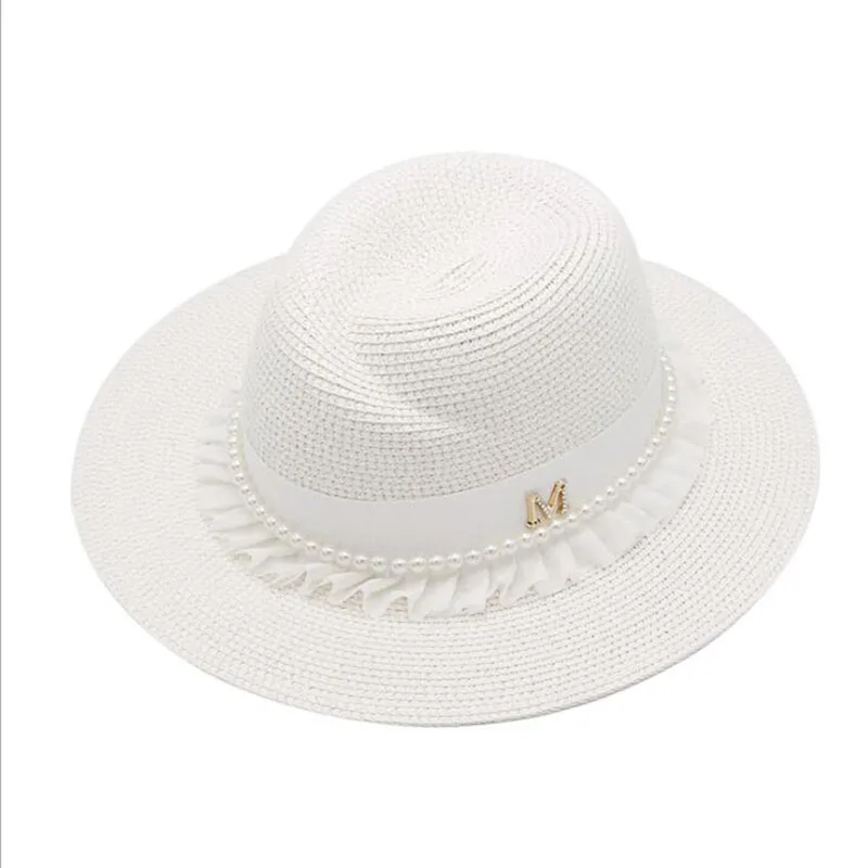 2024 Off white women's wide brim hat with white lace and Pearl grass nice cool beautiful cute high quality paper straw hat women