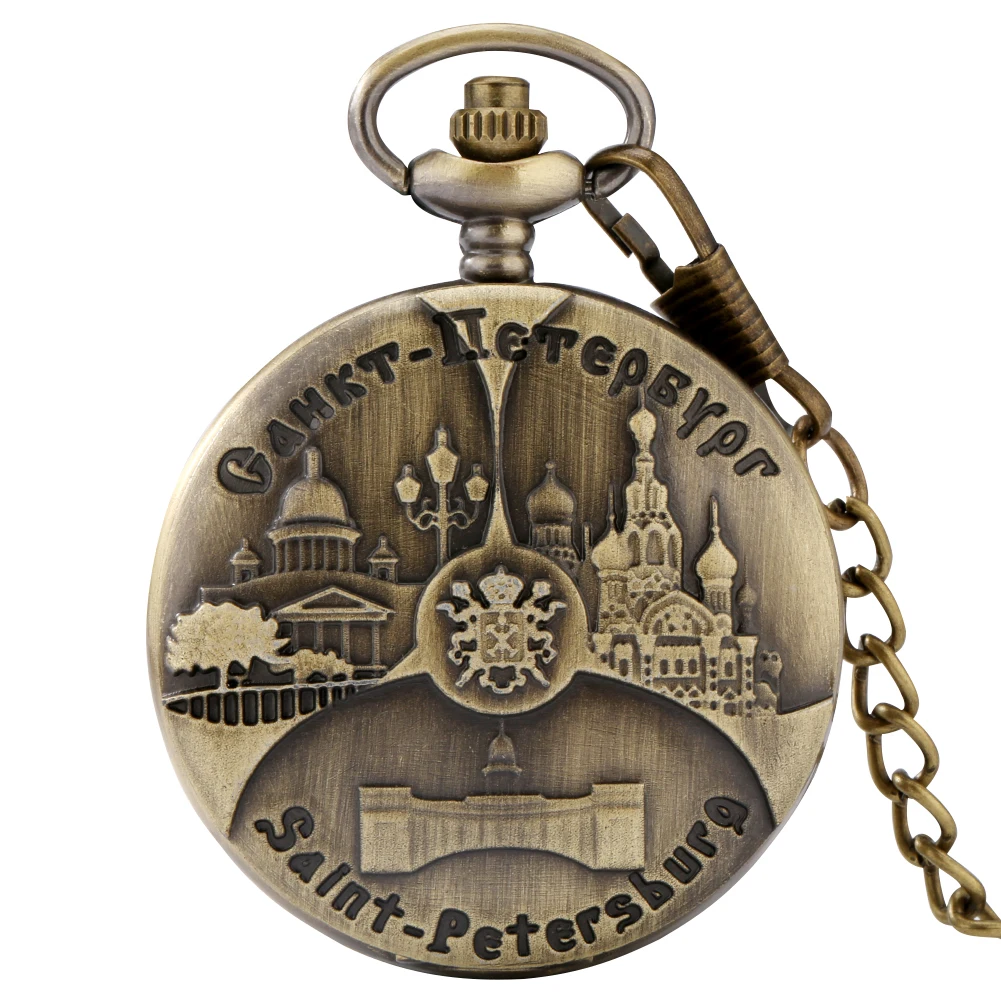 Brons Russische Санкт-Петербург Carving Quartz Zakhorloge Trui Horloge Hanger Zakhorloge Klok Fob Ketting Retro Saint. Petersburg