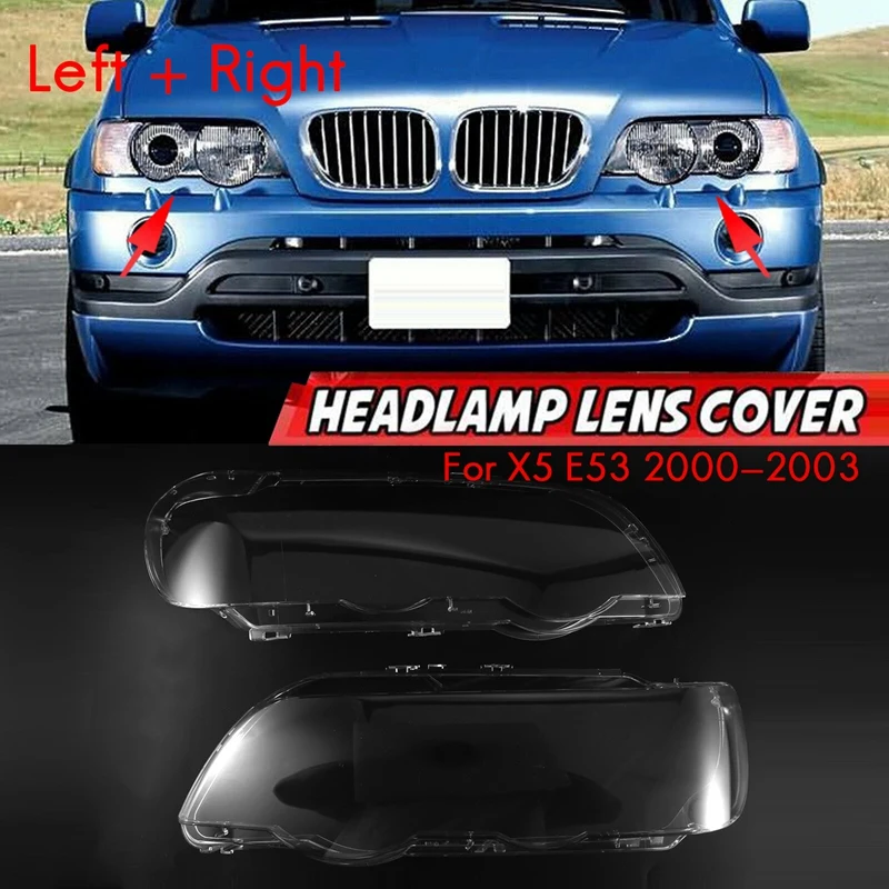 New2Pcs for -BMW X5 E53 2000-2003 Car Headlight Lens Cover Replacement Head Light Lamp Lampshade Glass Shell (Left+Right)