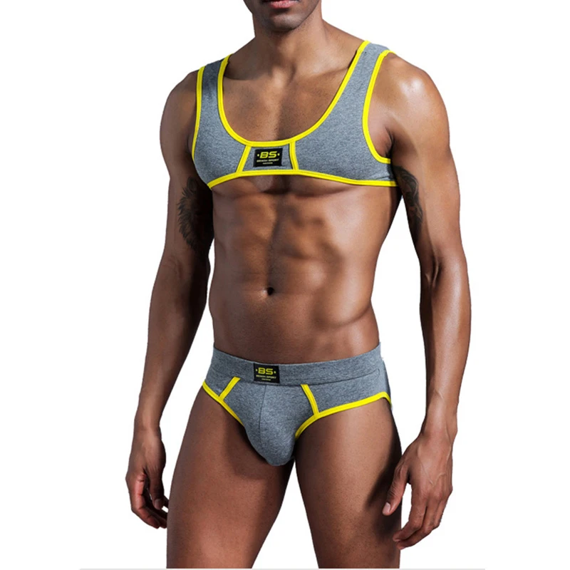 Men Chest Muscle Harness Tops Briefs Undershirts Sport Workout Gym Quick Dry Swimwear Male Underwear Stage Costume Clubwear