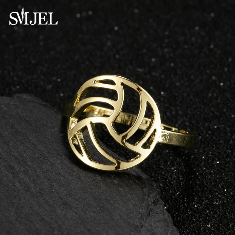 Smjel Stainless Steel Volleyball Shape Rings Adjustable Hollow Ball Round Ring for Women Men Jewelry Sports Club Gifts Friend