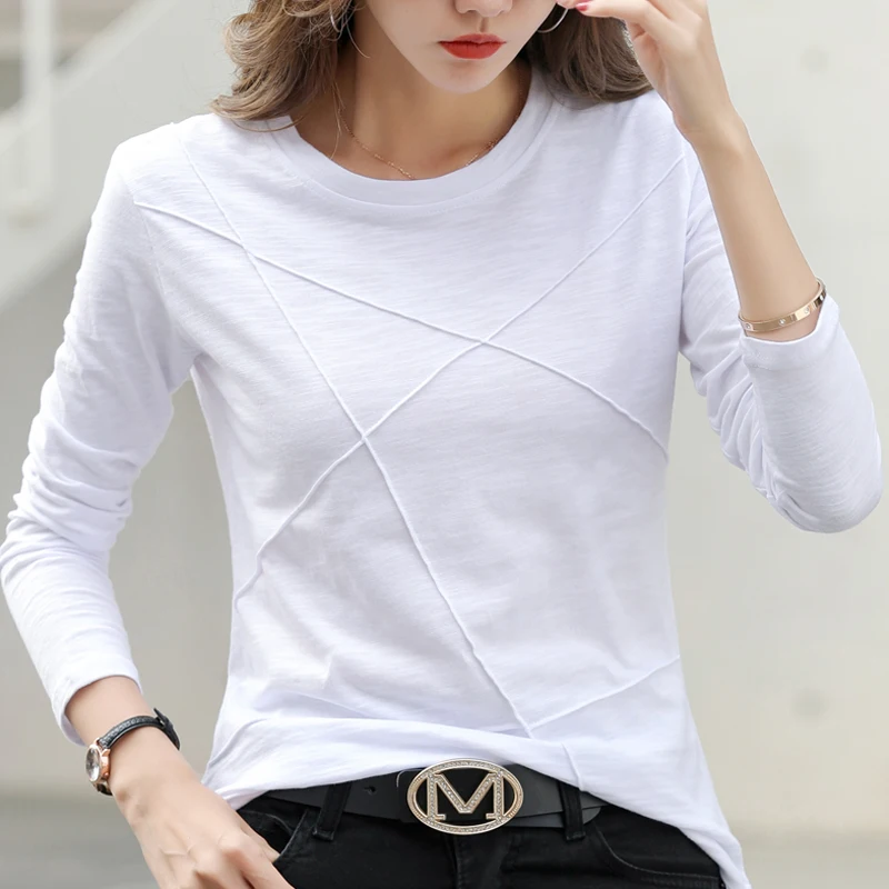 TuangBiang 2023 Spring 3D Ribbed Cross Cotton T-Shirt Women O-Neck Loose Simple Tshirt Long Sleeve Ladies Bottoming Shirt Tops