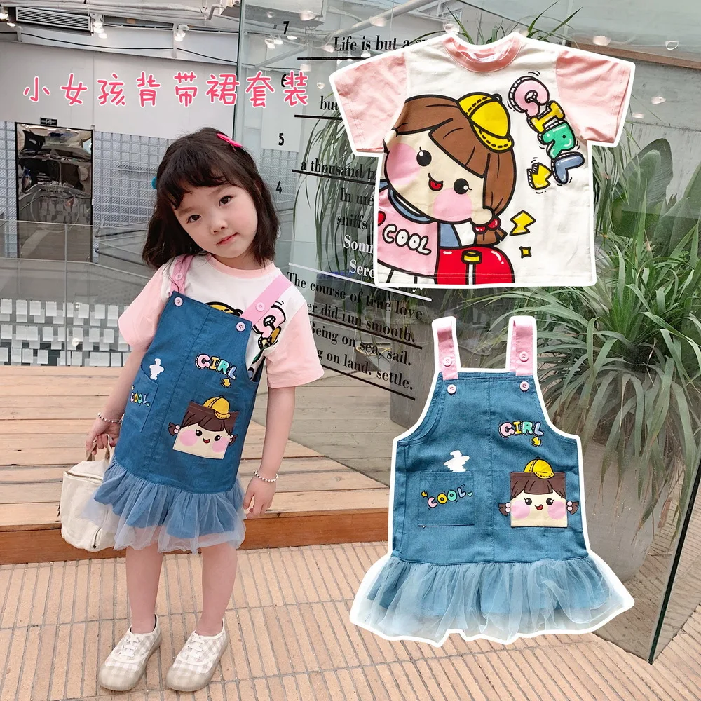 

Tonytaobaby Children's Clothing Summer New Girl's Denim Suspender Cute All-Cotton Two-Piece Suit