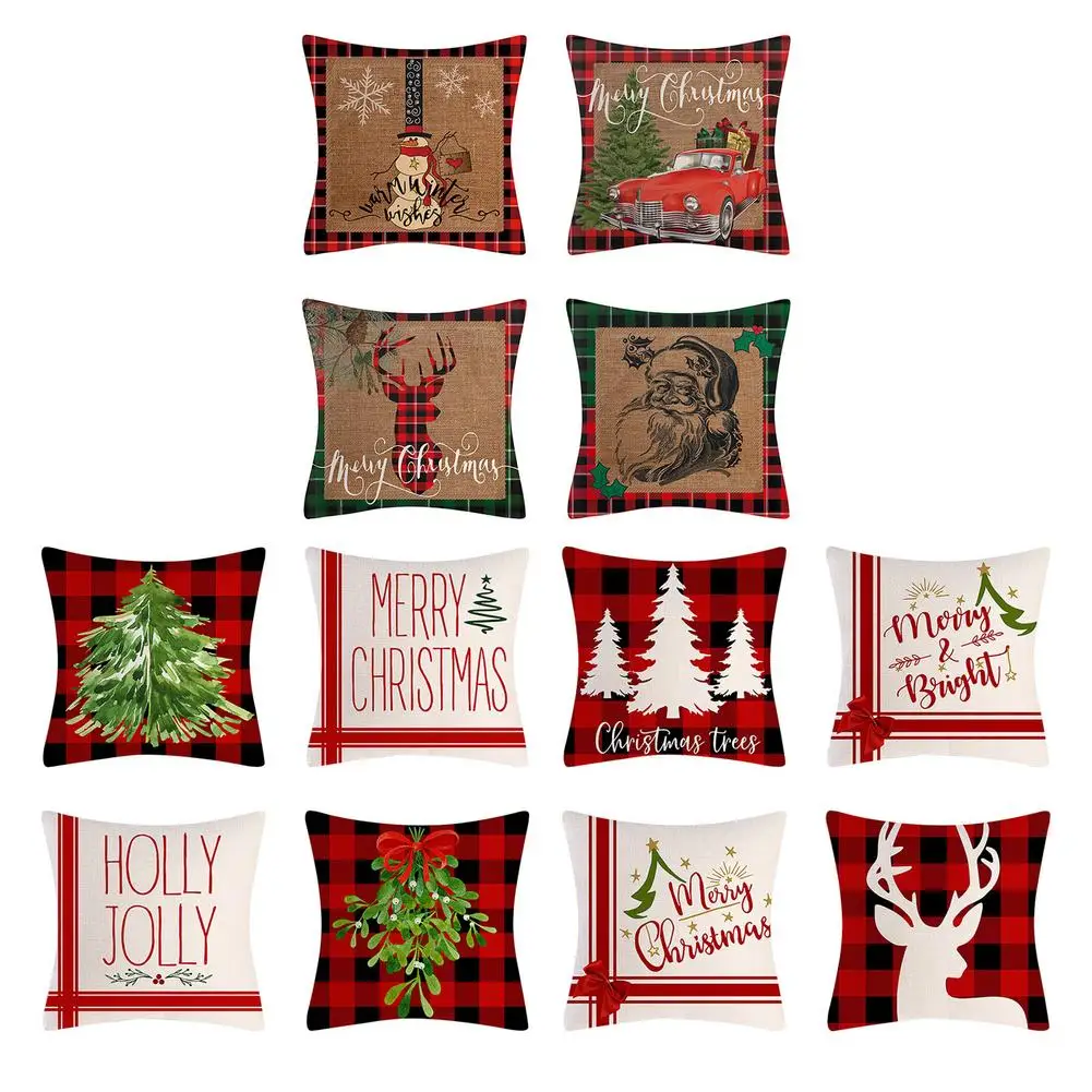 

Xmas Snowman Printed Pillowcase Christmas Pillow Cover 18X18 Inches Red And Black Buffalo Lattice Plaid Decorative Cushion Cover