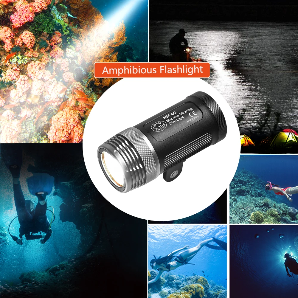 Seafrogs 6000lumens 100m Waterproof Depth Diving Torch With Optical Fiber Cable Underwater Flashlight