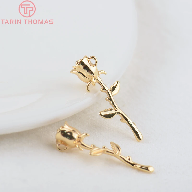 (1370)4PCS 10x25MM 24K Gold Color Brass Rose Flower Branch Pendants Charms High Quality DIY Jewelry Findings Accessoriess