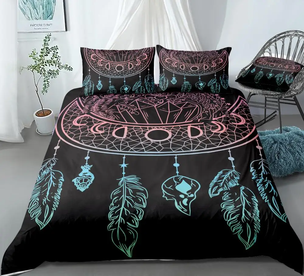 Moon Dreamcatcher Duvet Cover Set Flowers Crystals Stars Arrows and Feathers Bedding Boho Chic Quilt Cover Queen Teens Dropship