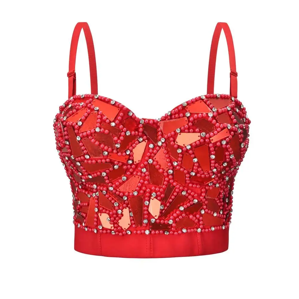 

Red Mirror Diamonds & Beading Punk Rave Rock Bras For Women Bralette Push Up Bra Sexy Brassiere Party Club Wear Bustier Crop Top