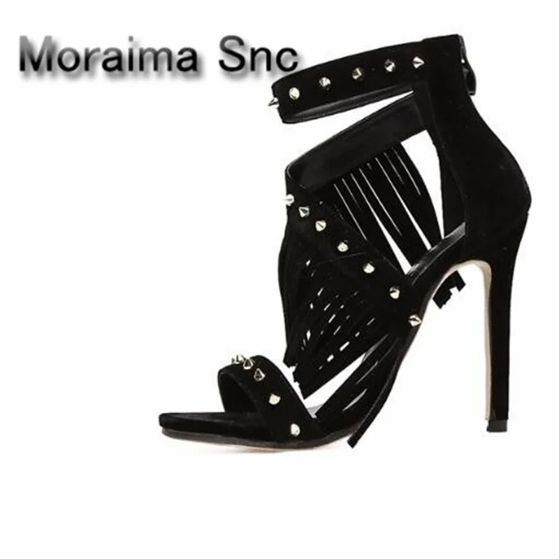 

Moraima Snc Brand ladies sandals black beige fringe sandales femme rivet high heels shoes women summer party pumps sandalen