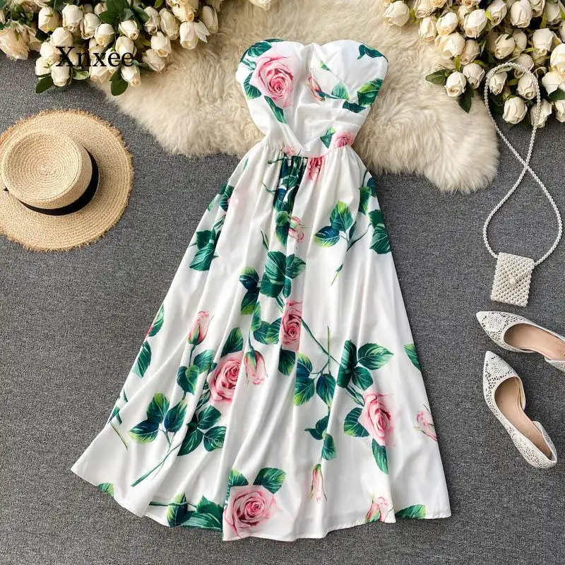 Lady Wrinkle Waist Thin A-Line Tube Dress Women's Spring Summer Sleeveless Flower Print Sexy Vestidos New Ins Fashion Dresses