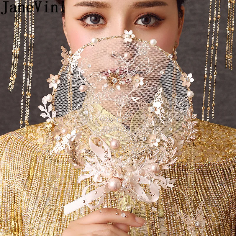 JaneVini 2021 Chinese Style Bridal Fan Wedding Bouquets Crystal Beaded Flowers Butterfly Bride Hand Accessories Tassel Bouquet