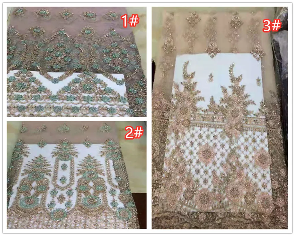 3Types handmade full stones embroidery French mesh African lace Nigeria lace suitable for high-end Evening dress wedding fabric