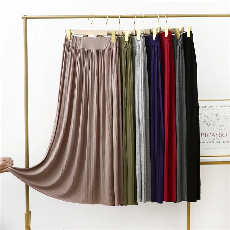 Summer Autumn Women Long Pleated Skirts Elastic High Waist All Match A Line Modal Skirt Female Big Swing Bodycon Maxi Skirt Saia