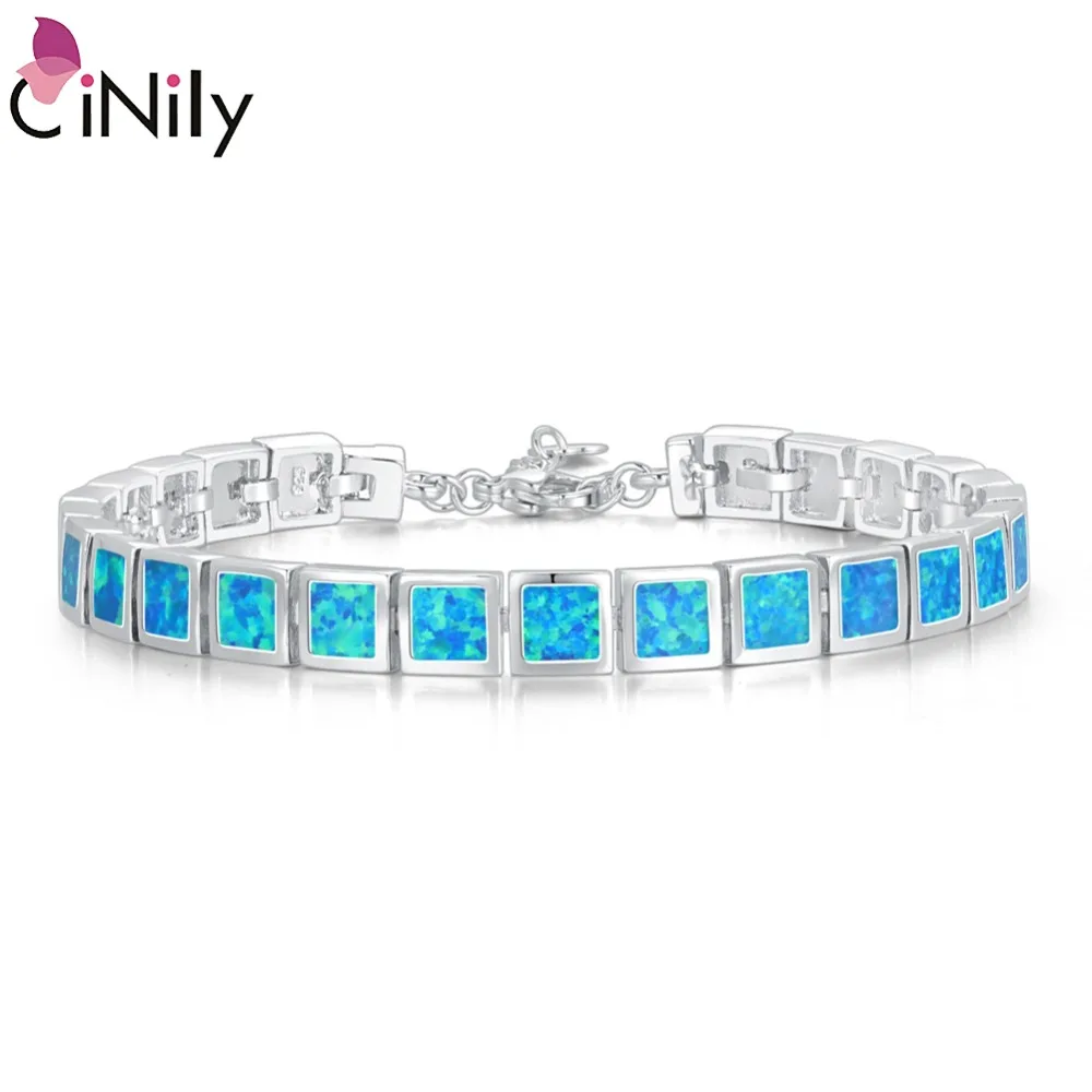 CiNily Blue & White Fire Opal Stone Wide Chain Link Bracelets & Bangles Silver Plated Metal Square Luxury Jewelry Woman Girl