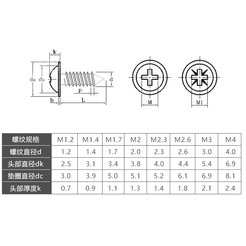 304 Stainless Steel Rounded Head Screws with Washer Screws Self Phillips Tapping Screw For Wood Working M1.4 M1.7 M2 M2.3-M5