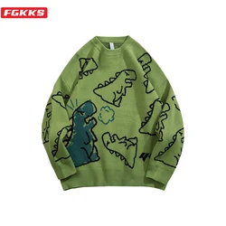 FGKKS Sweater Men Harajuku Fashion Knitted Hip Hop Dinosaur Cartoon Pullover O-Neck Oversize Casual Couple Male Sweaters