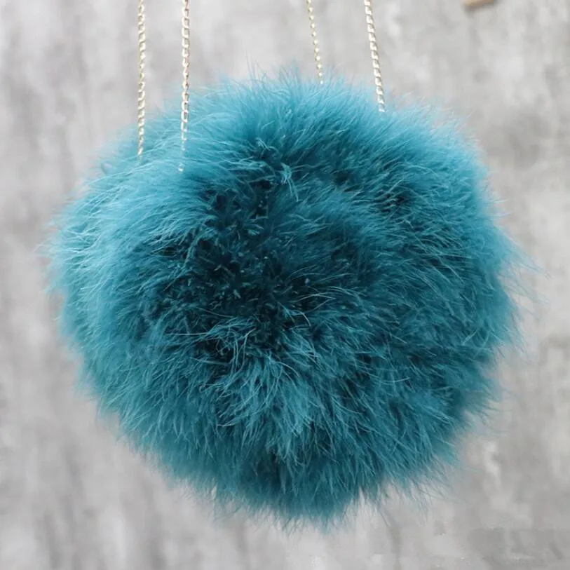 Women's Round Shaped Handbags Cute Real Ostrich Feather Fur Crossbady Bags Wallet Purse Chain Shoulder Bag Lady Fluffy