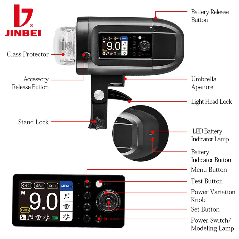 JINBEI HD400Pro High Speed Outdoor Flash Strobe Light Bowens Mount 400Ws GN66 with 2.4G Wireless System 4400mAh Battery