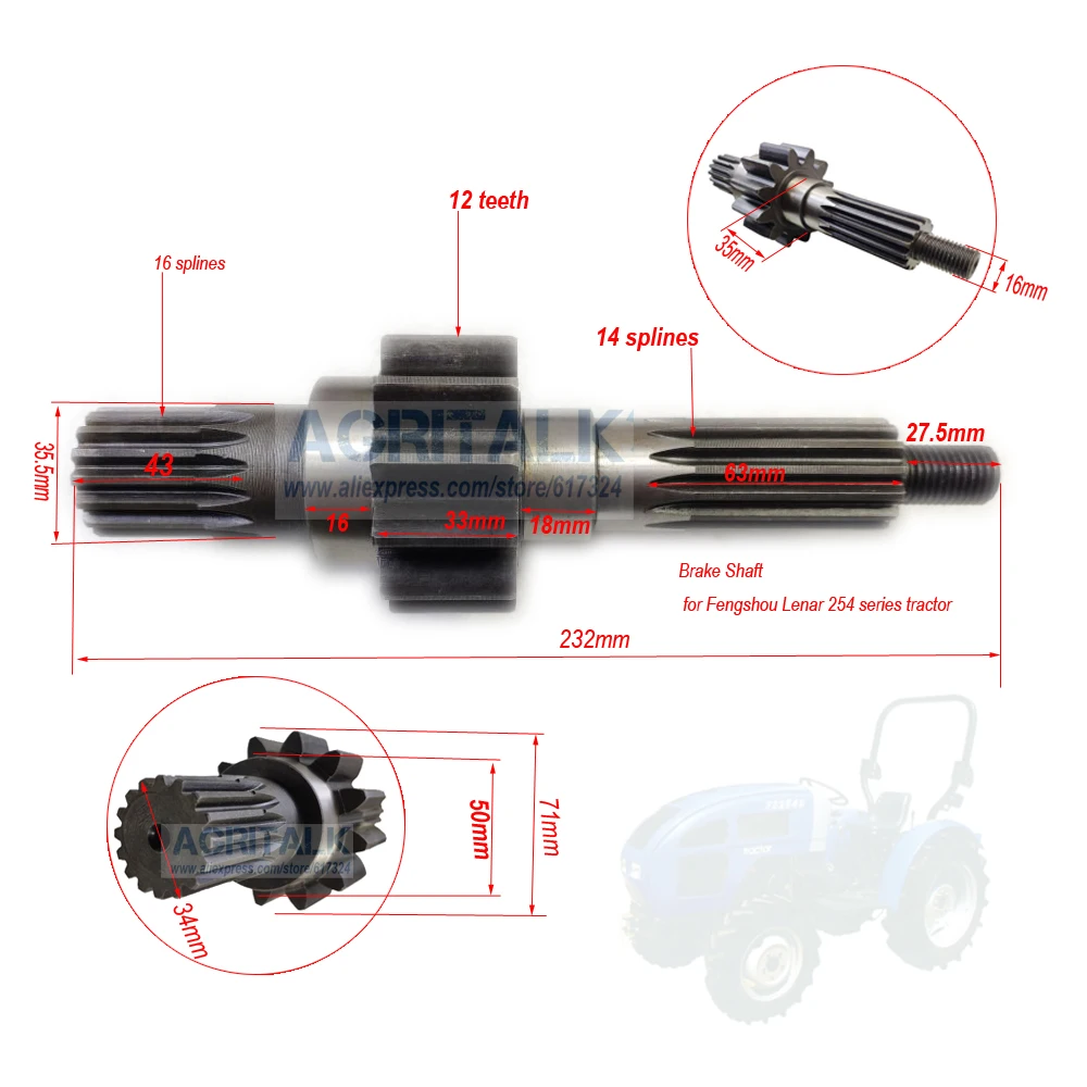 

The brake shaft for Fengshou Lenar tractor LE254 / LE274 with engine NJ385 / NJ385DI, please check the dimenssions, part number: