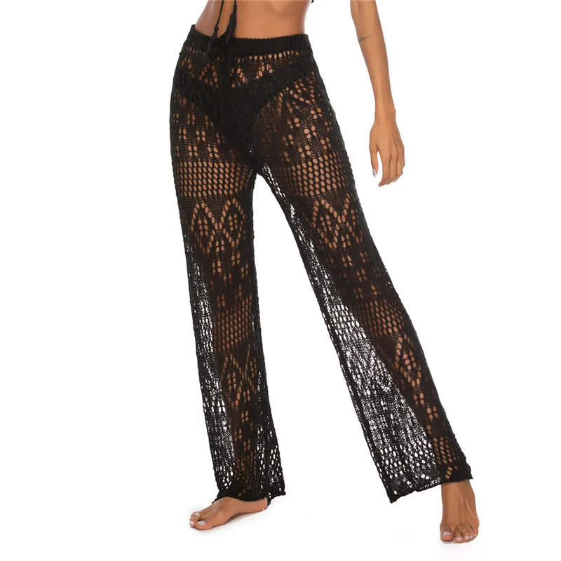 

Women's Summer Beach Cover Up Pants Knitted Hollow Out Crochet Stright Pants Sexy Fishnet Mesh Wide Casual Loose Leg Trousers